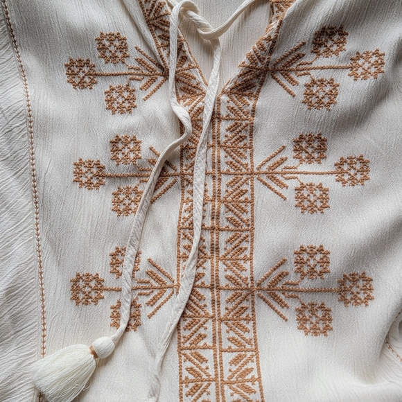 Boho Embroidered Tassel Peasant Top in Cream with Tan Stitching - Picture 5 of 5